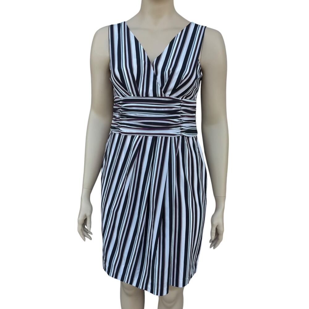 ST JOHN Collection Fall 2018 Silk Stretch Striped Ruched Faux Wrap Dress Size 14